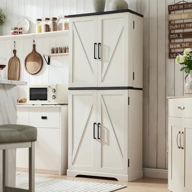 ACCOHOHO 72" Tall Kitchen Pantry, Farmhouse Storage Cabinet with Barn Doors, Organizer, Drawer and Adjustable Shelves, Rustic Wood Cupboard for Kitchen, Dining Room, Bathroom, Off White - Image 7