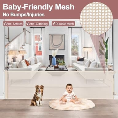 85 Inch Retractable Baby Gates Extra Wide Retractable Dog Gate Outdoor Retractable Gate Indoor Mesh Gate, Wide Baby Gate Retractable Gates for Dogs, Doorways, Beige - Image 7