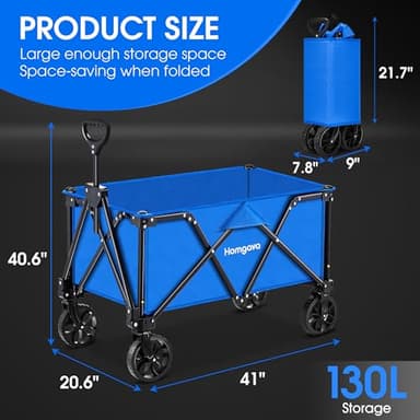 Homgava Collapsible Folding Wagon Heavy Duty,Foldable Utility Cart with Wheels,Large Capacity,for Grocery Outdoor Camping Beach Gardening Shopping Fishing Blue - Image 6