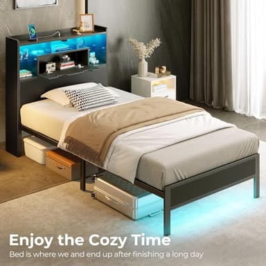 Rolanstar Twin Bed Frame with Headboard, LED Bed with Bookcase Storage and Charging Station, Metal Platform Bed with Glass Shelves, No Box Spring Needed, Noise-Free, Black - Image 7