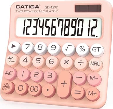 CATIGA Mechanical Switch Calculator with Solar and Battery Dual Power, 12-Digit Large LCD Display, Aesthetic and Cute Desktop Calculator with Big Button, for Home, School and Office Use, SD-1299 - Image 1