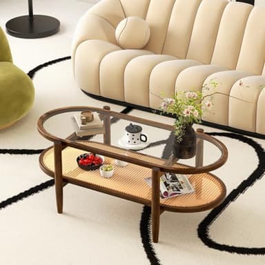 Giantex Rattan Coffee Table, 2-Tier Oval Acacia Wood Tea Table w/Tempered Glass Tabletop & PE Rattan Storage Shelf, Boho Cocktail Tables, Mid Century Modern Center Table for Living Room Office, Brown - Image 8