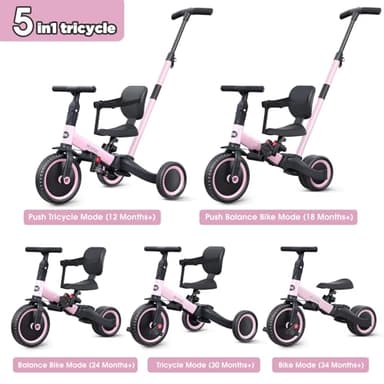 newyoo Toddler Tricycle,Toddler Bike,Birthday Gifts and Toys for 1-3 Year Old Boys and Girls, Trike with Push Handle, Backrest and Safety Belt, Balance Bike, TR007, Pink - Image 3