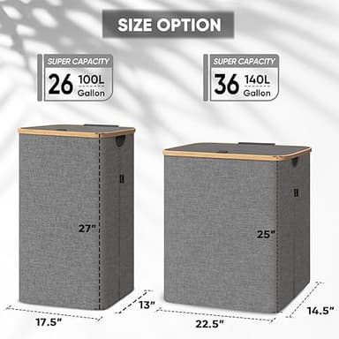 BALEINE Laundry Hamper with Lid, Tall Laundry Baskets with Bamboo Pull Handles, Large Laundry Bin with Internal Support (26 Gal/100L, Grey) - Image 4
