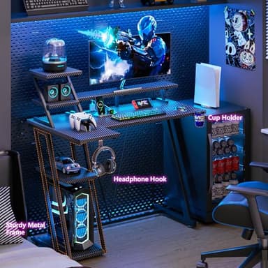 40 Inch Gaming Desk with LED Lights & Power Outlet, Small Gaming Computer Desk with Storage Shelves, L Shaped Gamer Workstations with Monitor Stand for Bedroom, Carbon Fiber Black - Image 6