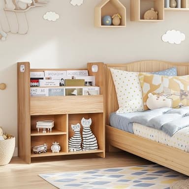 VECELO Wooden Children’s Bookshelf - Kids Book Organizer with 3-Tier Display and 2-Tier Storage Compartments, Easy-to-Access Toddler Bookcase for Playroom, Bedroom, or Nursery - Teak - Image 11