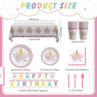 Cecnamt Unicorn Birthday Decorations for Girls, 170 Pcs Unicorn Party Decorations Including Banner, Plates, Cups, Napkins, Cutlery and Tablecloths, Serves 24 - Image 2