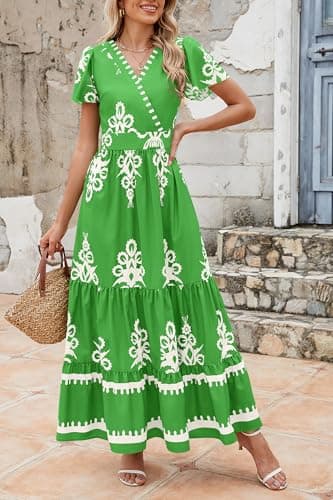 PRETTYGARDEN Womens 2025 Summer Casual V Neck Boho Maxi Dress Flowy Aline Bell Sleeve Tiered Floral Dresses with Pocket (Floral Green White,Small) - Image 5