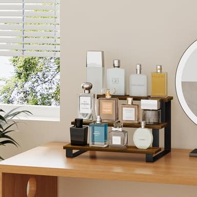 YINMIT Wooden Display Riser Stand,15.75 Inch Tiered Perfume and Cologne Organizer Stand, 3 Tier Spice Rack Organizer, Rustic Display Shelf for Candles (Brown,3 Tier Large) - Image 2