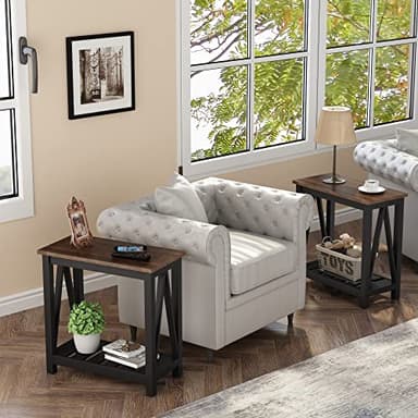 ChooChoo Farmhouse End Table, Rustic Vintage Narrow End Side Table with Storage Shelf for Small Spaces, Nightstand Sofa Table for Living Room, Bedroom Black 2 Pack - Image 2