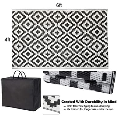 URBEST Outdoor Camping Mats Rugs Reversible Waterproof RV Deck Porch Plastic Rugs Black-White 4x6 Feet - Image 2