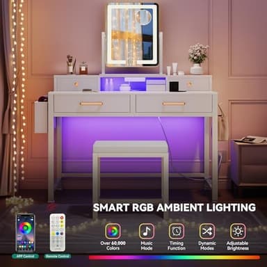YITAHOME Vanity Desk Set with LED Mirror & Charging Station, 4-Drawer Makeup Table with Light Strip and Stool, Modern Dressing Table - Image 4