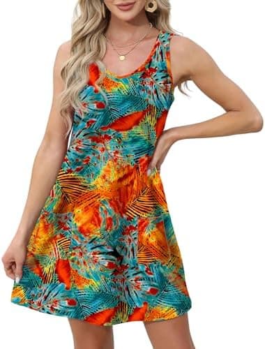 OFEEFAN Womens Summer Dresses 2026 V Neck Sleeveless Sundresses with Pockets Beach Vacation Clothes Floral/Plain - Image 3