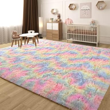 ULTSOFE Rainbow Fluffy Rug for Girls Bedroom Soft Carpet, 4x6 Unicorn Rainbow Rug Cute Shag Area Rugs for Dorm Classroom Living Room Baby Toddler Kids Girls Room Nursery, Colorful Kawaii Home Decor - Image 1