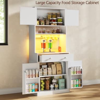 Korfile 71" Tall Kitchen Pantry Storage Cabinet with Power Outlet & LED Light, Freestanding Food Pantry Cabinet with 4 Doors and Shelves, Cupboard with Drawer, Hutch with Microwave Stand, White - Image 8