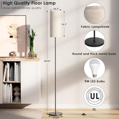 Karjoefar Floor Lamp for Living Room, Modern Standing lamp with Remote Control, Stepless Dimmable 9W Bulb & Beige Lampshade Included, Black Pole Tall Floor Lamp for Bedroom Office - Image 5