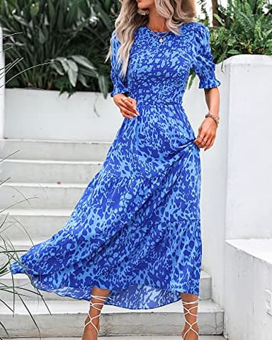 BTFBM Women Casual Summer Dresses 2025 Spring Crew Neck Ruffle Short Sleeve Floral Print Smocked Boho Flowy Maxi Dress(Print Blue, Large) - Image 7