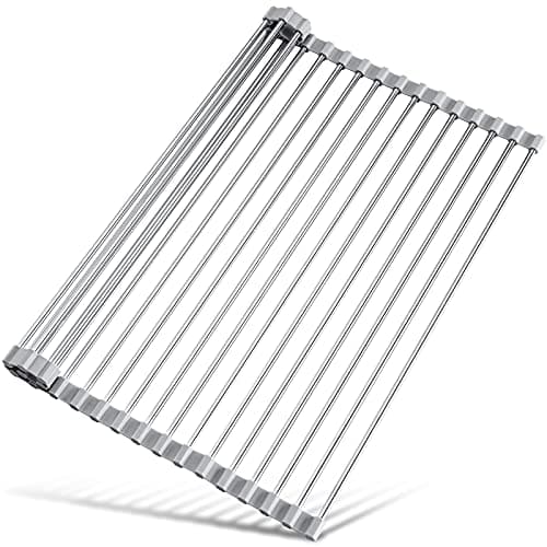 Tomorotec 17.7" x 15.5" Roll Up Dish Drying Rack Over Sink Drying Rack Sink Cover Kitchen Sink Accessories Gadget Multipurpose Organizer Foldable Stainless Steel Drainer (Grey) - Image 1