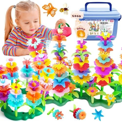 FUNZBO 138pcs Flower Garden Building Set - Christmas Spring Toys for 3 4 5 6 7 Years Old Girl, Sorting & Stacking Building Block, STEM Montessori Educational Toy for Kid Toddler Birthday Gift - Image 1