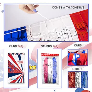 LOLStar 4th of July decorations, 3 Pack Red White Blue Decorations, 3.3x6.6ft Star Pattern Tinsel Foil Fringe Curtains, Photo Booth Props Backdrop for Memorial Day, Patriotic, USA Party Decor Supplies - Image 6
