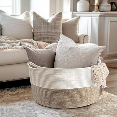 Throw Blanket Basket for Living Room, Extra Large Cotton Rope Basket for Storage, Woven Laundry Towel Hamper with Handles, Baby Toy Storage, 22" x 22" x 14" Pillow Bin - Image 2