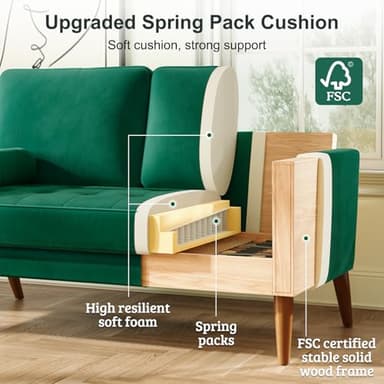 Vesgantti 56" Green Velvet Couch, Comfy Couch with Spring Cushions, Sturdy Wooden Small Sofa for Small Spaces, Modern 2 Seater Sofa with Tufted Seat, Living Room Loveseat - Image 5