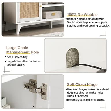 OKD TV Stand for 75+ Inch TV, Mid Century Modern Entertainment Center with Natural Rattan Door, Storage Shelves, Long Boho Media TV Console, Long Television Stand for Living Room, White - Image 5