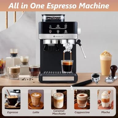 tesslux Espresso Machine with Grinder, 20 Bar Compact Espresso Maker with Milk Frother Steam Wand, Professional Coffee Machine for Home, Touch Control, Cappuccino & Latte Maker - Image 2