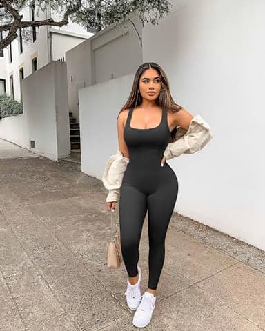 YIOIOIO Women Workout Seamless Jumpsuit Yoga Ribbed Bodycon One Piece Square Neck Leggings Romper - Image 2