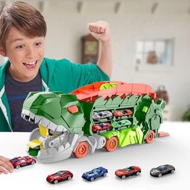 Dufuntotoys City Dinosaur Ultimate Hauler Track Toy for Boys, Transforms into Stomping Dinosaur with Race Track Ultimate Transporter Hauler Toddler Toys Gifts for Kids Birthday (4 Cars) - Image 2