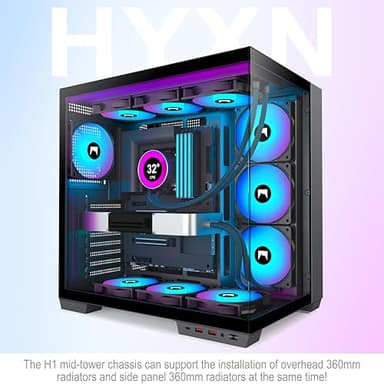 HYXN H1 HYXN ATX PC Case - Pre-Installed with 7 PWM ARGB Fans - Dual Cavity Mid-Tower PC Gaming Case - with Type-C - Can Hold up to 3X 360mm heatsinks simultaneously (Black, H1) - Image 2