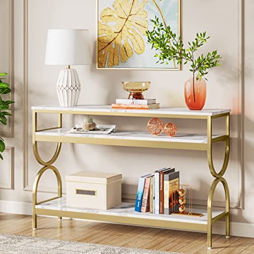 Tribesigns 3-Tier Console Table, 55 inch Sofa Table with Open Storage Shelves, Narrow Long Hallway/Entryway Table with Faux Marble Top for Home Living Room Entryway, White & Gold - Image 1