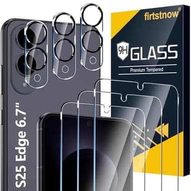 firtstnow 3 Pack Glass Screen Protector for Samsung Galaxy S25 Edge [6.7 inch] + 3 Pack Camera Lens Protector, 9H Tempered Glass, Fingerprint Unlock, HD Clear Case Friendly Anti-Scratch - Image 1