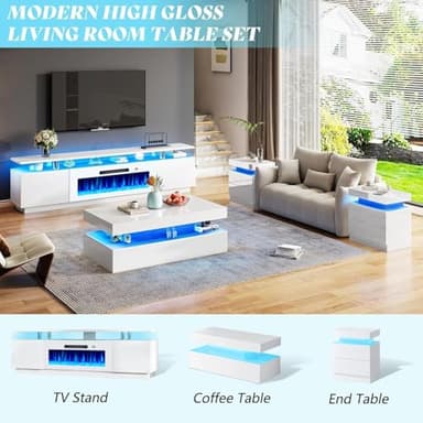 AMERLIFE Fireplace TV Stand with 36" Fireplace, 70" Modern High Gloss Fireplace Entertainment Center LED Lights, 2 Tier TV Console Cabinet for TVs Up to 80", White & White - Image 6