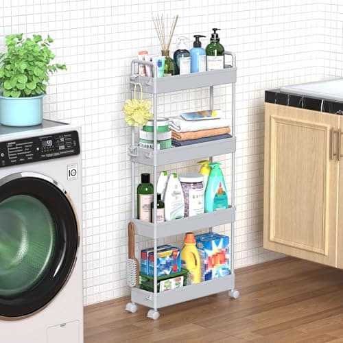 SOLEJAZZ Slim Rolling Storage Cart with Wheels 4 Tier Skinny Bathroom Storage Organizer Narrow Shelf Unit Thin Laundry Room Utility Cart for Bedside Kitchen Office Next to Fridge Small Places, Gray - Image 1
