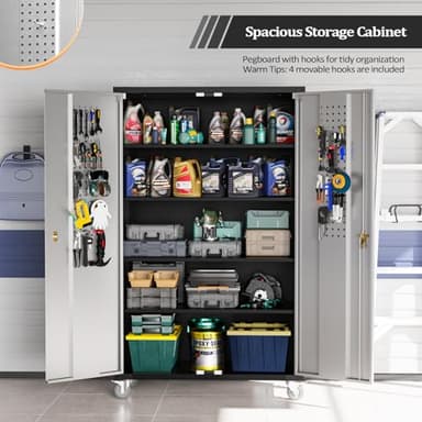 VINGLI Upgraded Wide & Deep Garage Storage Cabinet, Metal Storage Cabinet with Pegboards, Wheels, Locking Doors and Adjustable Shelves (Black & Silver, 43''W x 20''D x 72''H) - Image 3