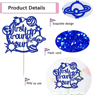 CHANGCAO First Trip Around The Sun Cake Topper Happy Birthday Toppers for Outer Space Theme Party Decorations Baby 1st Birthday, One Year Old Supplies Rocket Galaxy Planet Kids blue flash - Image 7