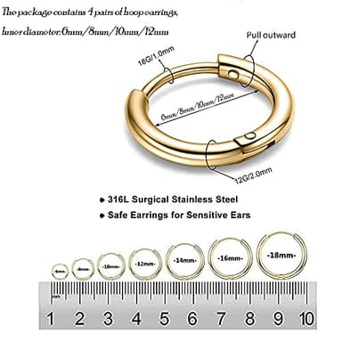 316L Surgical Stainless Steel Gold Hoop Earrings 6mm 8mm 10mm 12mm Huggie Hypoallergenic Earrings Hoop Cartilage Helix Lobes Hinged Sleeper Earrings For Women Men - Image 2