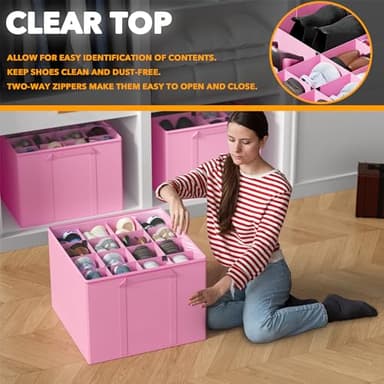 SpaceAid Shoe Organizer for Closet, 2 Pack Foldable Shoe Storage Containers Baskets Boxes Bins w/Adjustable Dividers, Fits 16-32 Pairs, Pink - Image 5