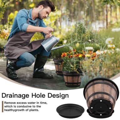Quarut 3 Pack 10 inch Plant Pots,Whiskey Barrel Planters with Drainage Holes & Saucer, Plastic Decoration Flower Pots Imitation Wine Barrel Design, for Indoor & Outdoor Garden Home Plants (Brown) - Image 3