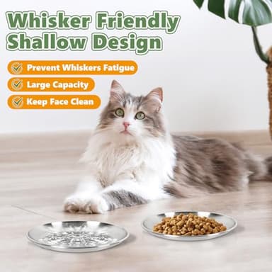 Petdream 2-Pack Stainless Steel Cat Food Bowls – Shallow Whisker-Friendly Non-Slip Silicone Base,Easy to Clean Indoor Feeding Dishes(6.7") - Image 2