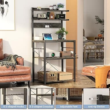 Aheaplus Bakers Rack with Power Outlet, Microwave Stand, 5 Tiers Coffee Bar Station with Led Lights, Kitchen Storage Shelf with 6 S-Shaped Hooks, Kitchen Rack for Spices, Pots and Pans, Black Oak - Image 4