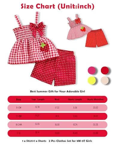 Doresbebe 18-24 Months Girl Clothing Baby Girl Clothes Summer Toddler Girl Outfits Strawberry Ruffle Shirts Tank Tops Shorts Set Gifts for Girl Clothing Red - Image 6