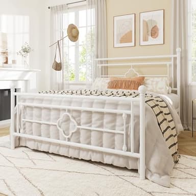 Allewie Queen Size Metal Platform Bed Frame with Victorian Vintage Headboard and Footboard/Mattress Foundation/Under Bed Storage/No Box Spring Needed/Noise-Free/Easy Assembly, White - Image 3