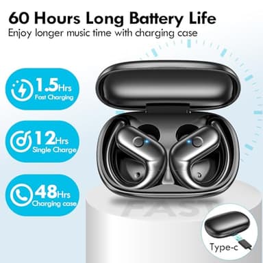 kurdene Wireless Earbuds Bluetooth Headphones Sport,Over Ear Buds with Deep Bass Sound,60Hrs Playtime Earphones Redesigned Comfort Fit with Earhooks for Running,Meeting,Workout-Black - Image 8