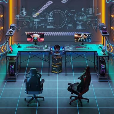 Bestier 42 L Shaped Gaming Desk, Computer Desk with Power Outlets & LED Light, Reversible Corner Desk with Shelves, Home Office Desk with Storage, Black Marble - Image 8