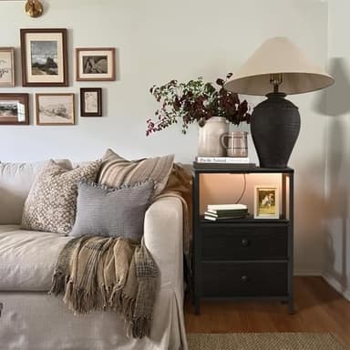 BOLUO Black Nightstand with Charging Station, LED Night Stand with 2 Fabric Drawers, Bedside Table with USB Ports and Outlets, Nightstand for Bedroom Modern - Image 8