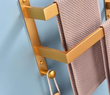 Hoooh Towel Rack for Bathroom, 16 Inch Wall Mount Double Towel Bar with Hooks, Gold Stainless Steel 2-Tiers Ladder Towel Hanger - Image 8