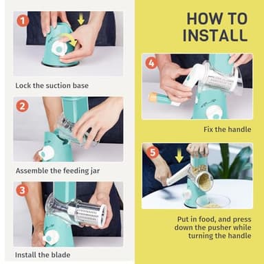 X Home Rotary Cheese Grater for Kitchen, Shredder with 3 Interchangeable Blades, Rotary Grater with Handle and Strong Suction Base, for Vegetables, Fruit, Nuts, Easy to Use and Clean, Blue - Image 8