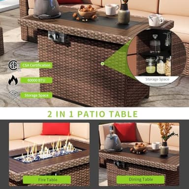 Aoxun 8PCS Patio Furniture Set with 40" Fire Pit Table Outdoor Sectional Sofa Sectional Wicker Furniture Set with Coffee Table for Patio Garden(8 PCS Brown) - Image 6